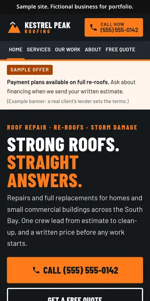 Kestrel Peak Roofing Pro sample site on a phone