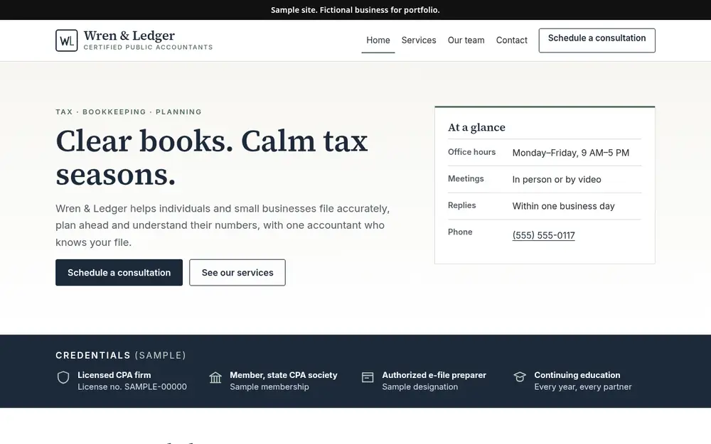 Wren & Ledger CPAs sample site home page