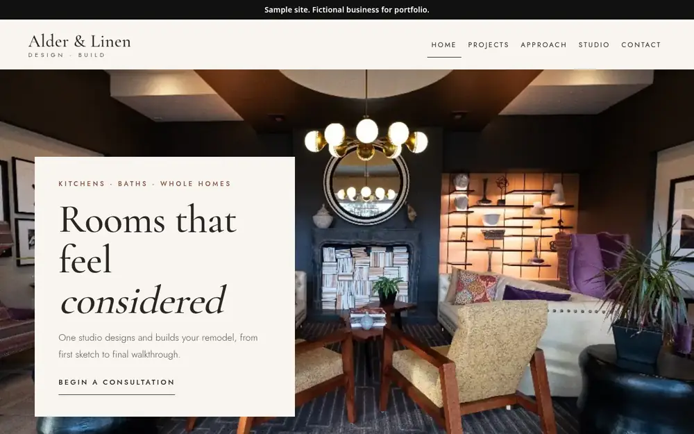 Alder & Linen Design-Build sample site home page